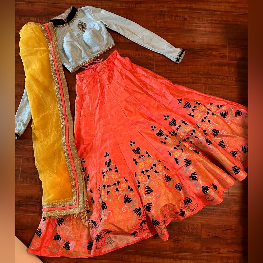 Coral Pink Embroidered Lehenga with Yellow Dupatta and Silver Blouse